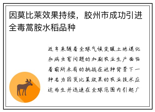因莫比莱效果持续，胶州市成功引进全毒蒿胺水稻品种