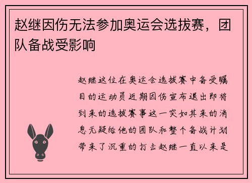 赵继因伤无法参加奥运会选拔赛，团队备战受影响